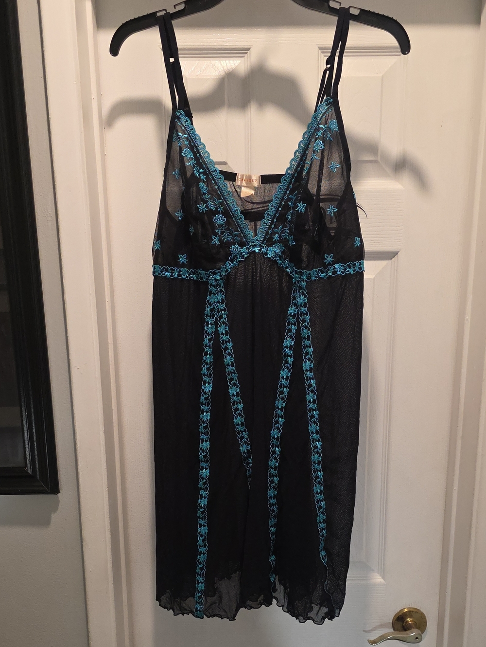 Women’s Black Sheer Chemise with Teal Embroidery